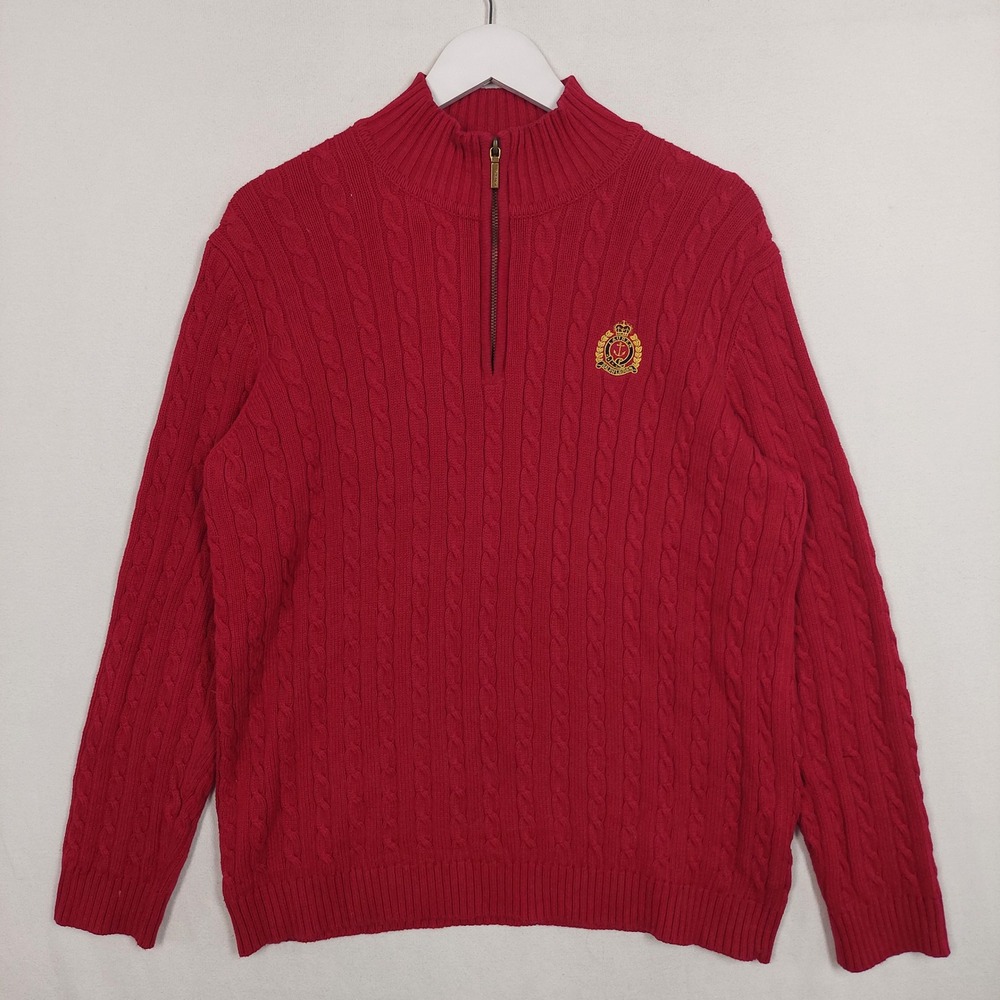 Lauren Ralph Lauren Mens Red Cable Knit Quarter Zip Crest Sweater Size M